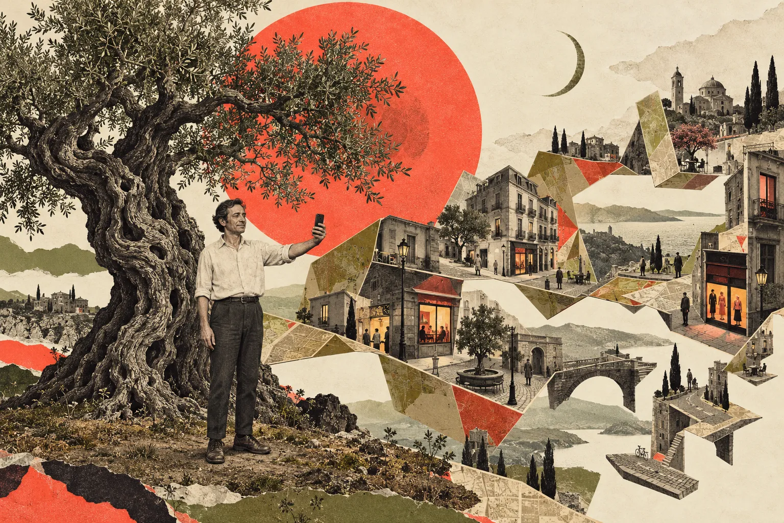 Collage surrealista de un hombre inmóvil bajo un olivo, rodeado por una ciudad imposible.