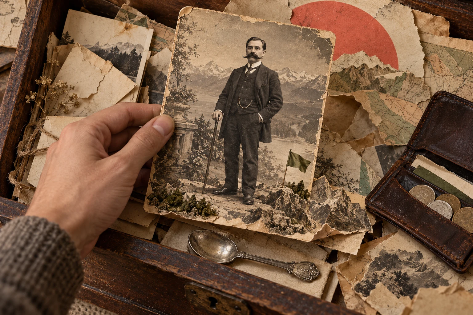 Nico descubre la fotografía de don Anselmo entre cartas antiguas y una cucharilla.