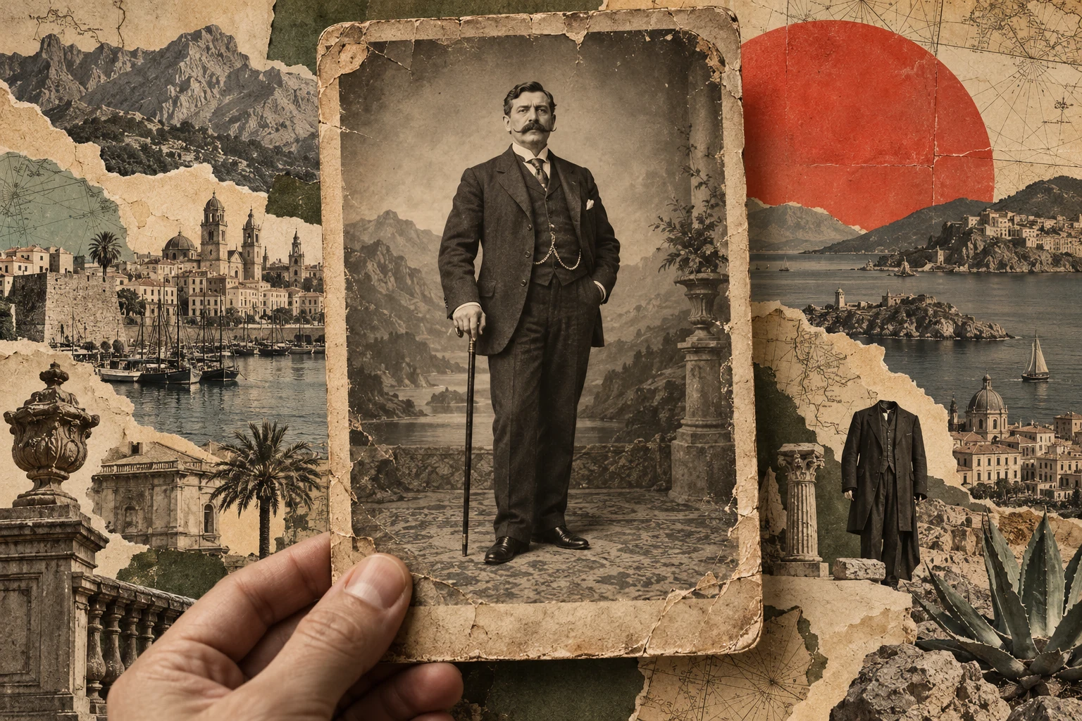 Collage surrealista de don Anselmo atrapado en un retrato antiguo mientras el mundo cambia a su alrededor.