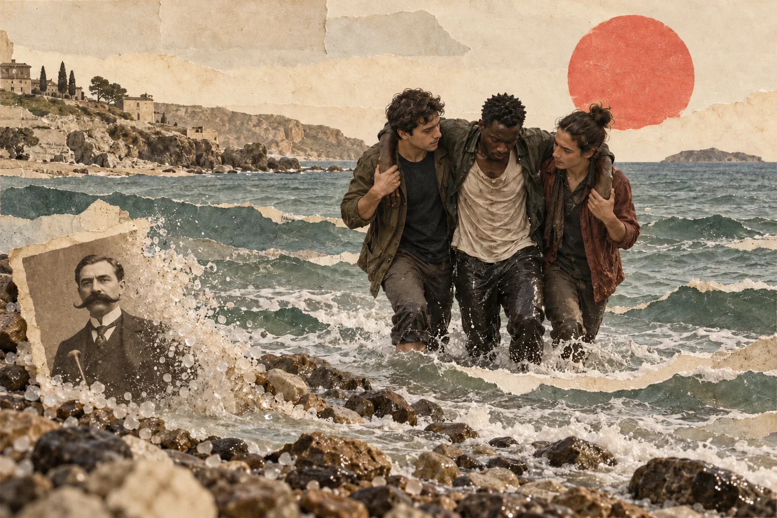 Nico y otra joven ayudan a Malik a salir del mar mientras la fotografía de don Anselmo se deshace entre sal y espuma.