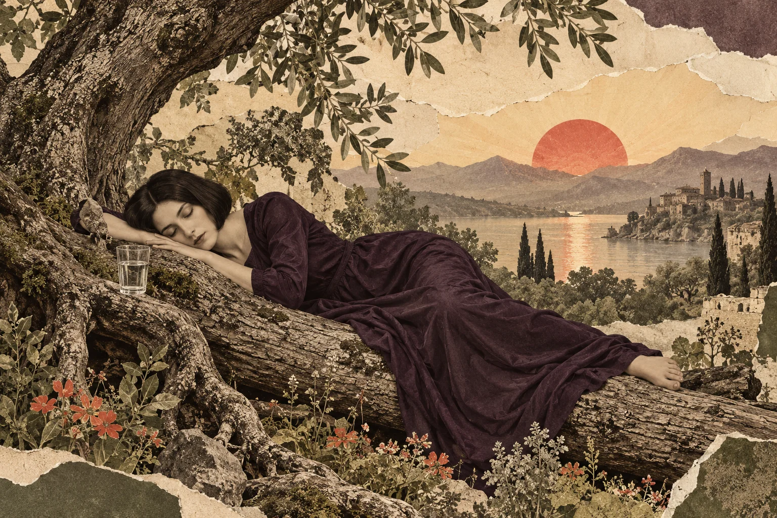 Selene duerme sobre una rama caída junto a un vaso de agua transparente que recoge la luz del amanecer.