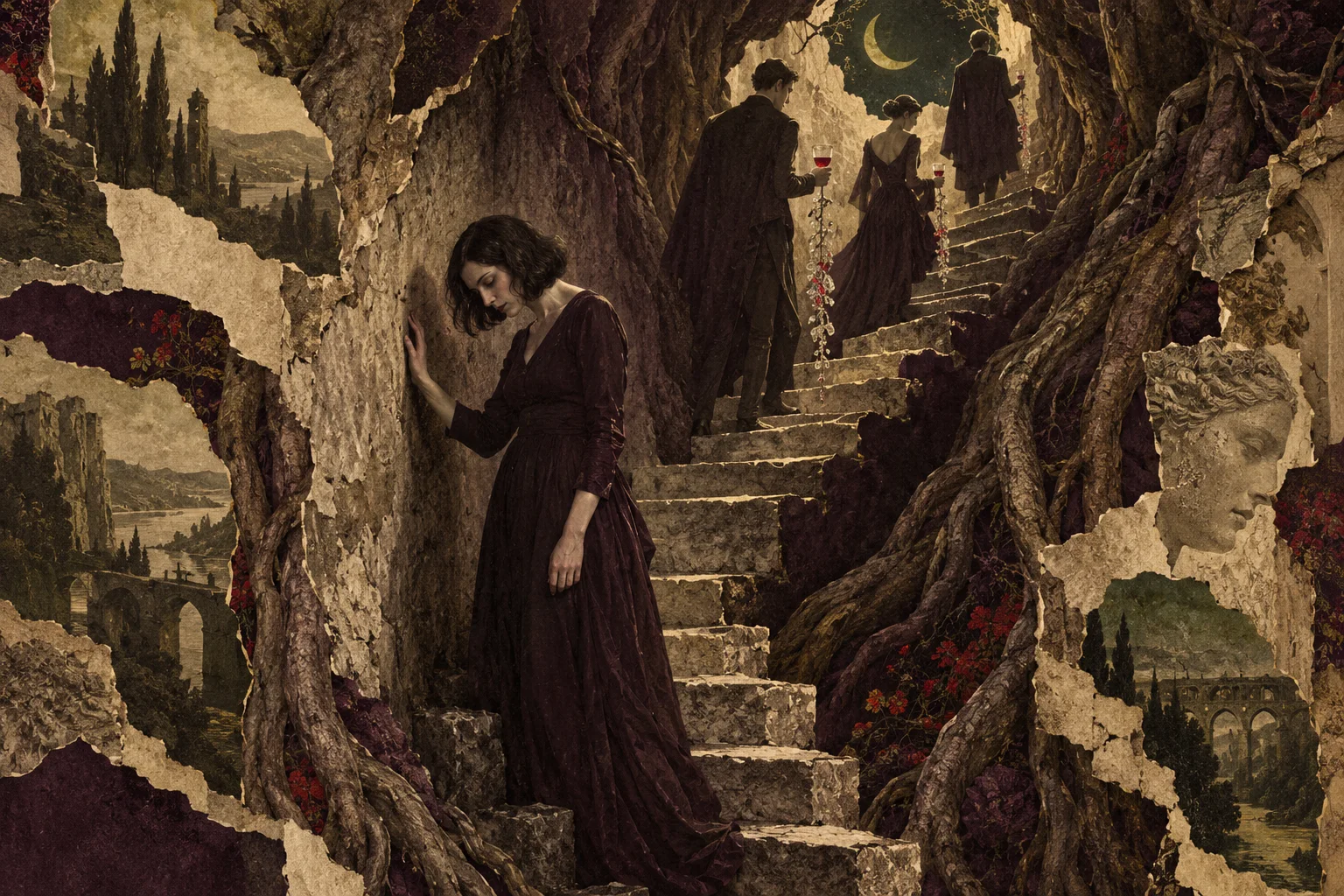 Selene, agotada, se apoya en la pared de una escalera entre raíces mientras los demás ascienden con sus copas.