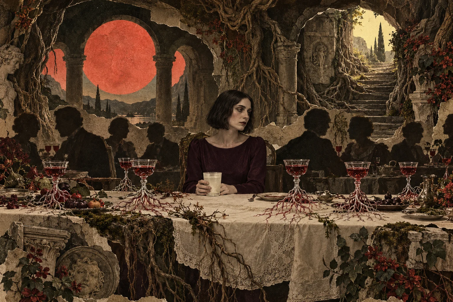 Selene sostiene un vaso de agua entre copas rojas que echan raíces en una mesa del subsuelo.